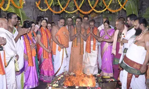 The temple authorities performing Yaga Purnahuti in Srisailam on Monday