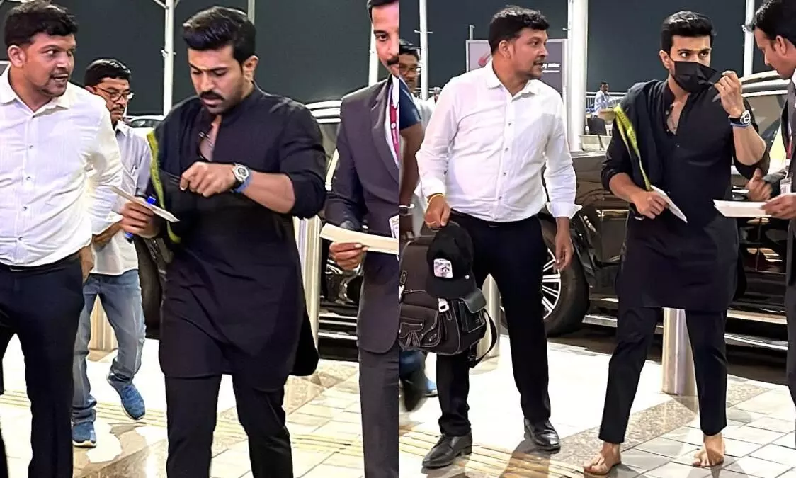 Ram Charan Departs for the US Barefoot For RRR