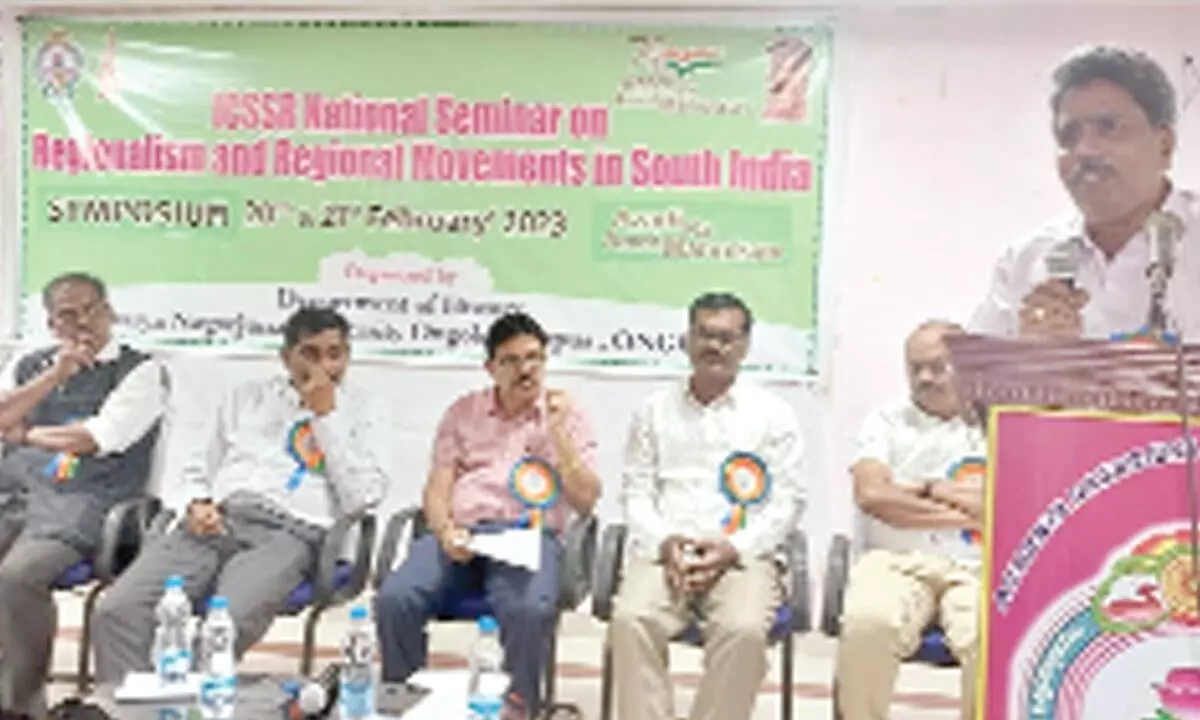 A dignitary speaking at the ICSSR national seminar on Regionalism and Regional Movements in South India at ANU PG Centre in Ongole on Tuesday