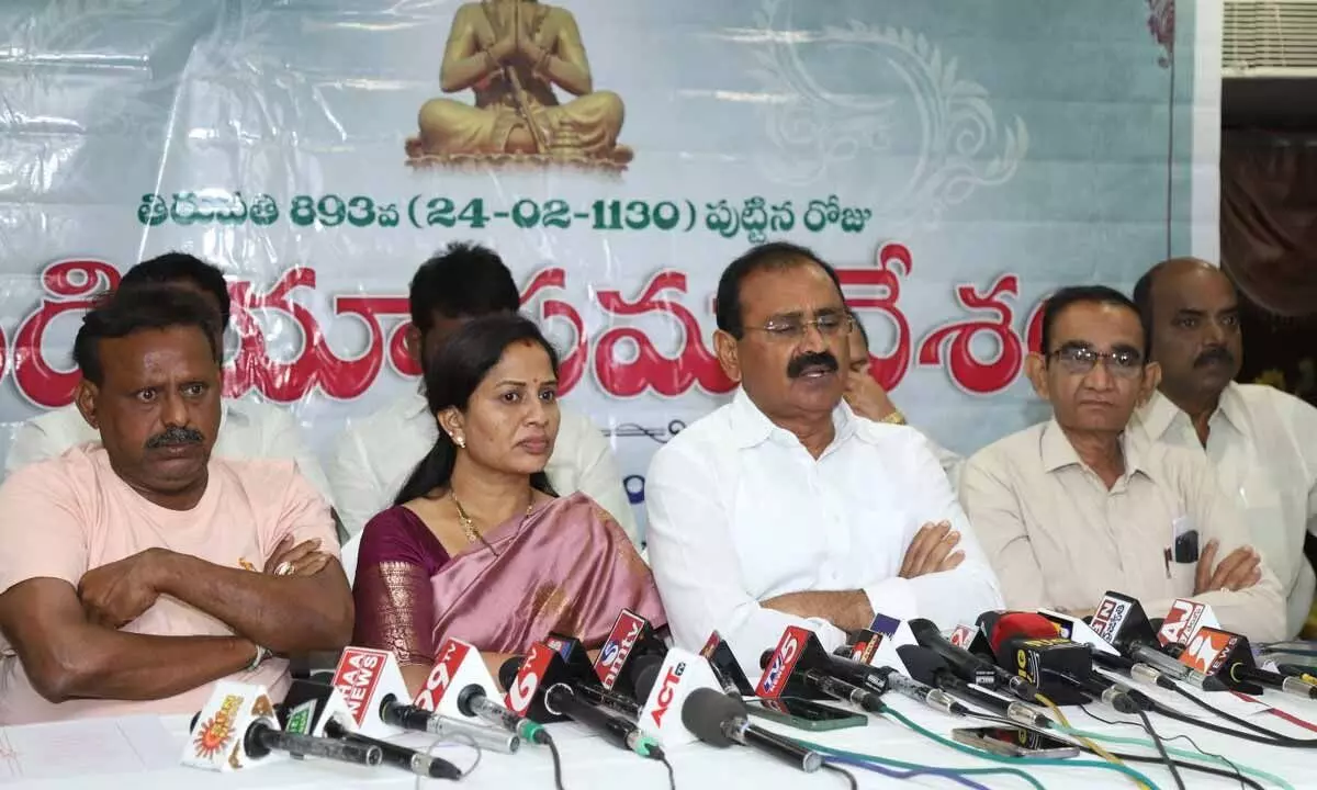 MLA Bhumana Karunakar Reddy along with Mayor Dr R Sirisha speaking to the media in Tirupati on Tuesday