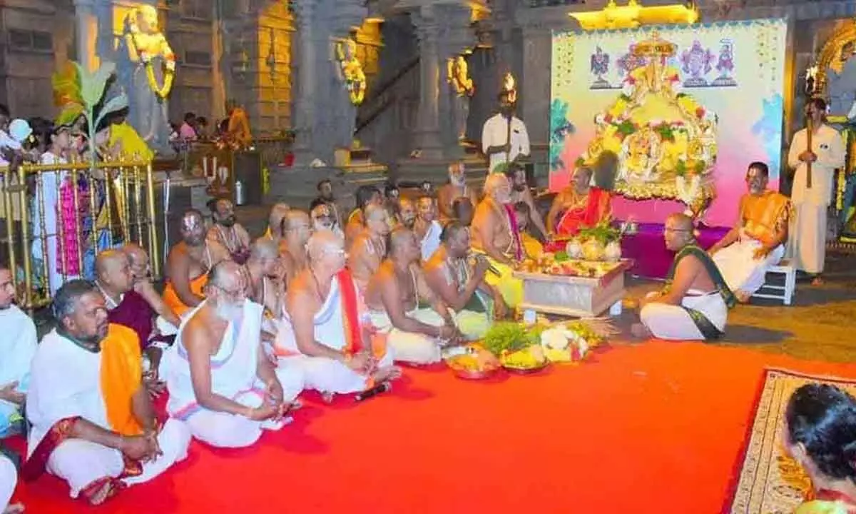 Priests performing Vishwaksena Puja as a part of the festivities