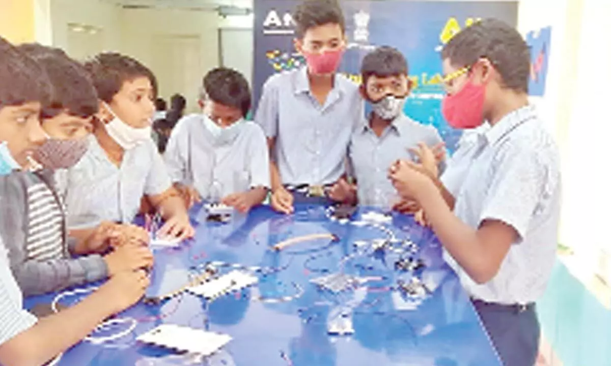 Students of MSR High School in Vijayawada working on a project at Atal Tinkering Lab