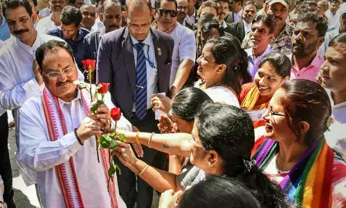 BJP National President J P Nadda being welcomed as he arrives to address the Professional and Thinkers meet in Chikkamagaluru  onTuesday