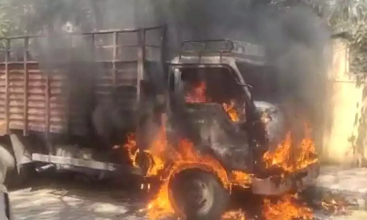 Fire breaks out in a DCM vehicle at Chikkadapally in Hyderabad