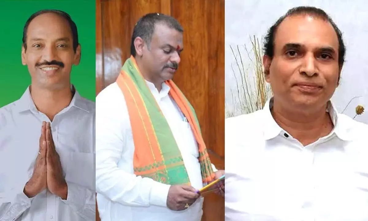 TDP MLC candidate Vepada Chiranjeevi Rao, BJP MLC candidate PVN Madhav and YSRCP MLC candidate Seethamraju Sudhakar