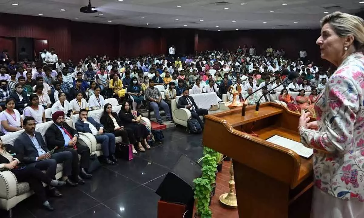 Australian Trade and Investment Commissioner Monica Kennedy addressing students of GITAM at the campus in Visakhapatnam on Wednesday