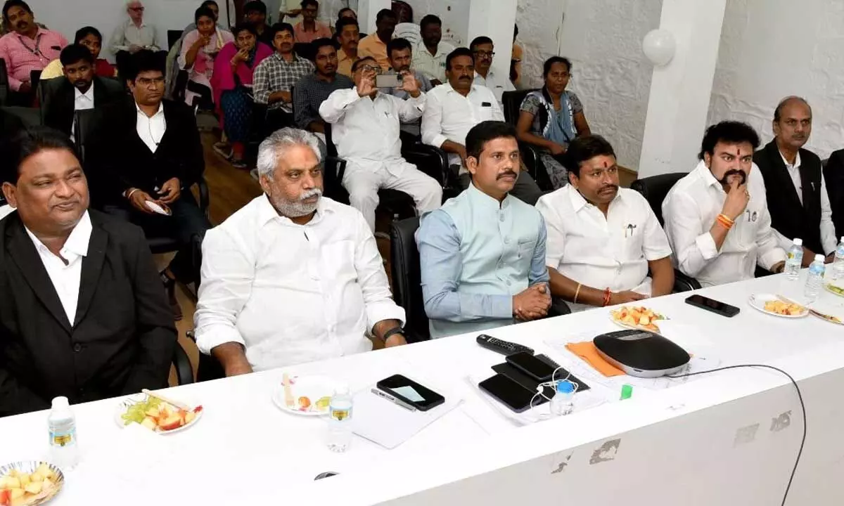 MLA Malladi Vishnu, Collector Dilli Rao and others participating in the CMs videoconference from Vijayawada on Wednesday