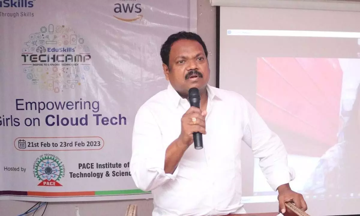 PACE Institute of Technology and Sciences secretary Dr Maddisetti Sridhar addressing the students during Tech Camp on the college premises in Ongole on Wednesday
