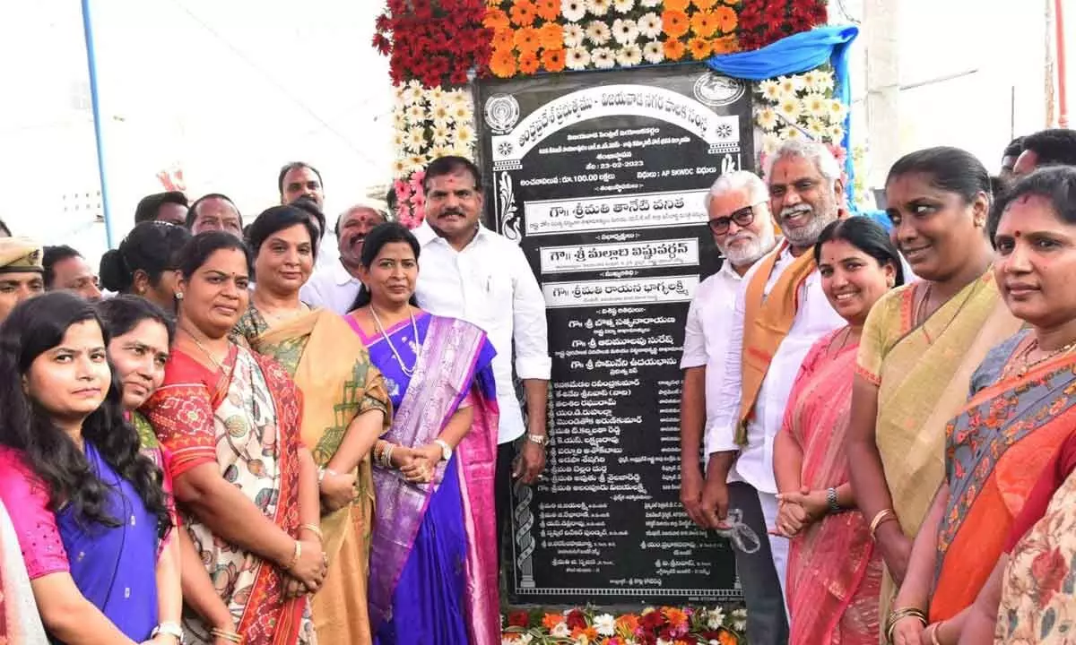 Ministers Taneti Vanitha, Botcha Satyanarayana and Ambati Rambabu participating in foundation laying for developmental works in Vijayawada on Thursday