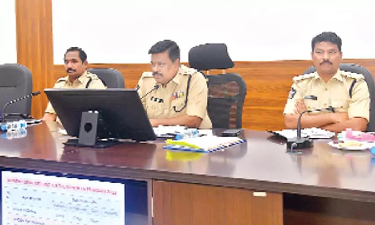 District Superintendent of Police M Ravindranath Babu speaking at a crime review meeting in Kakinada on Thursday