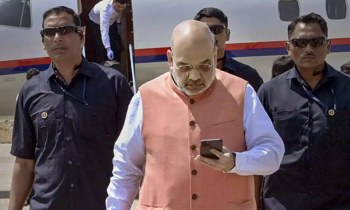 Union Home Minister Amit Shah on his arrival at the airport in Hubballi on Thursday