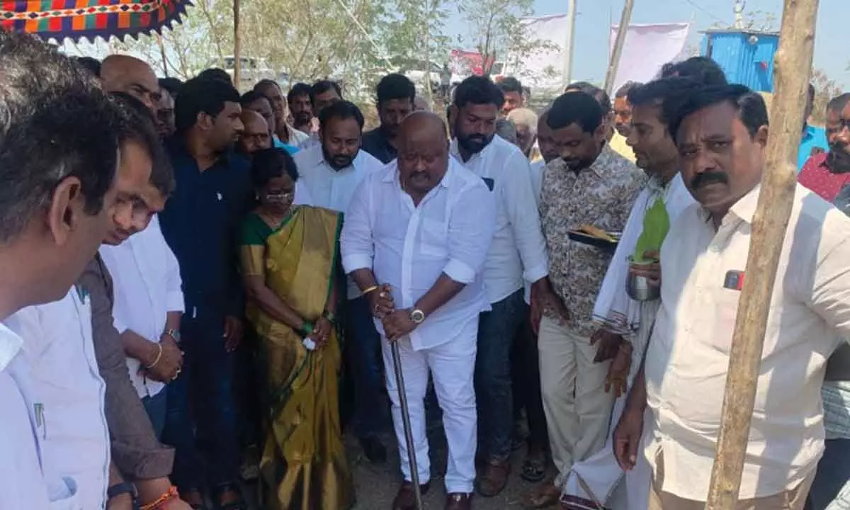 Minister G Kamalakar performing Bhumi Pooja for the sub-station construction works at Thigalaguttapalli village in Karimnagar constituency on Friday