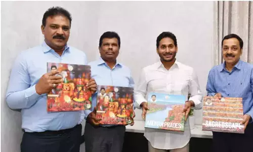 Chief Minister Y S Jagan Mohan Reddy along with officials releasing AP Tourism coffee table books at his camp office in Tadepalli on friday