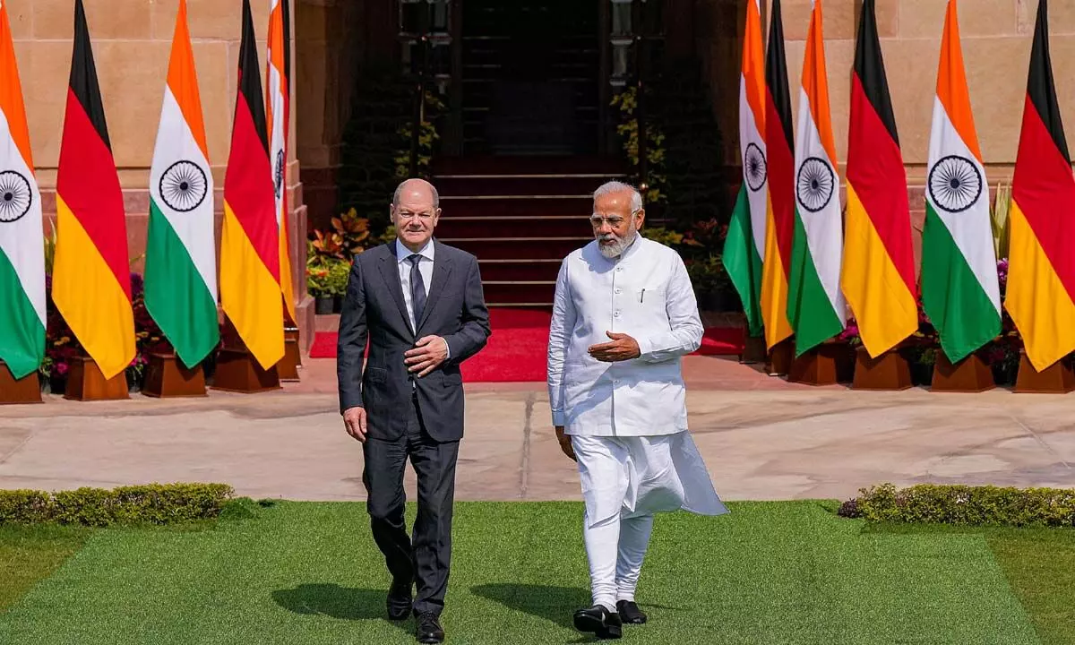 Prime Minister Narendra Modi with German Chancellor Olaf Scholz prior to their meeting at the Hyderabad House, in New Delhi on Saturday
