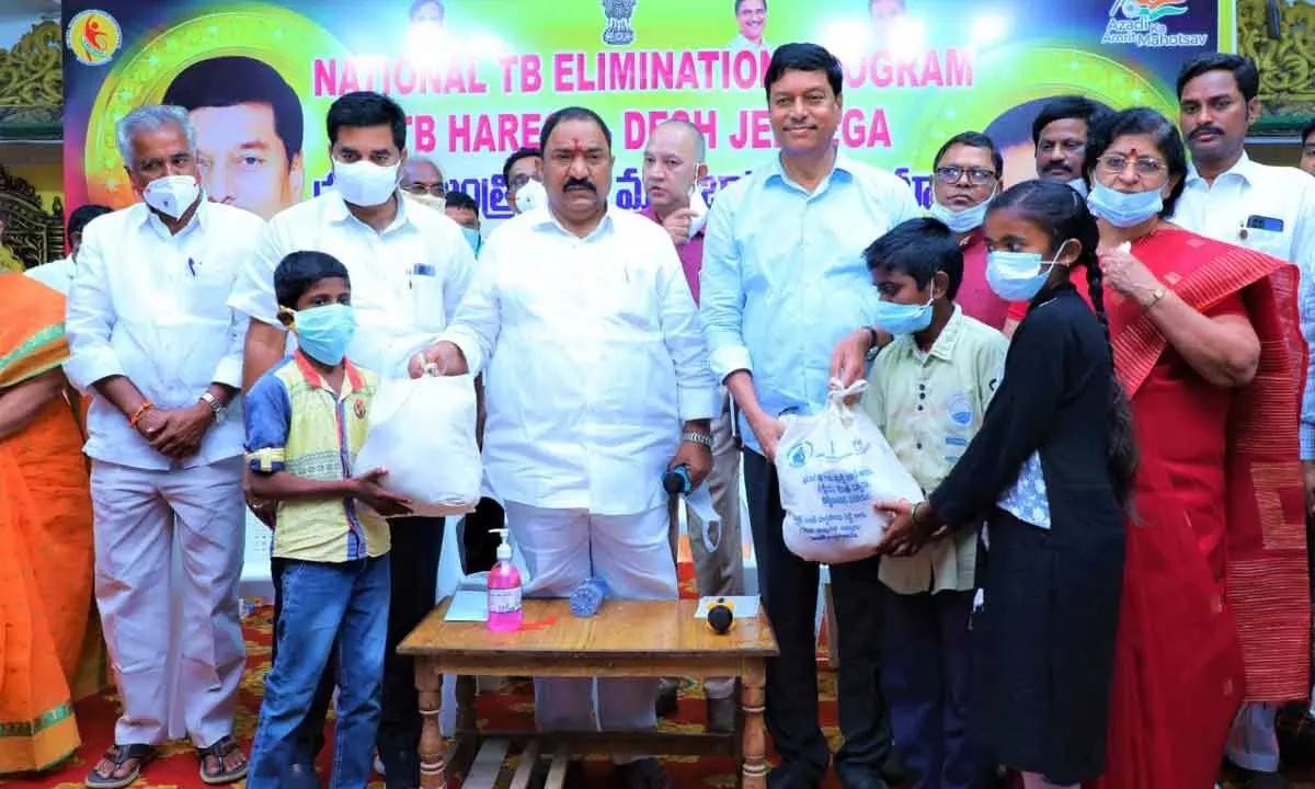 MP Bandi Partha Saradhi Reddy distributing nutritional kits to TB patients in a recent programme held at Sathupally in Khammam district.