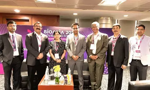 Senior officials of Sanofi with Industries and Commerce Minister KT Rama Rao along with Principal Secretary Jayesh Ranjan and BioAsia CEO Shakthi Nagappan in Hyderabad on Saturday