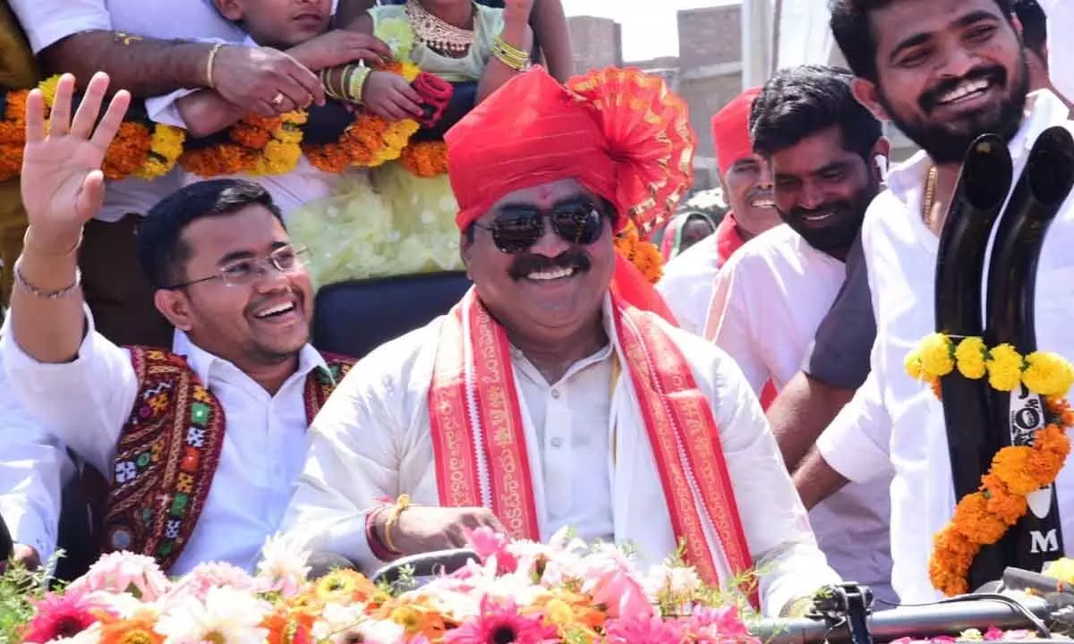 Minister Errabelli Dayakar Rao taking part in a procession at Palakurthi in Jangaon district on Sunday