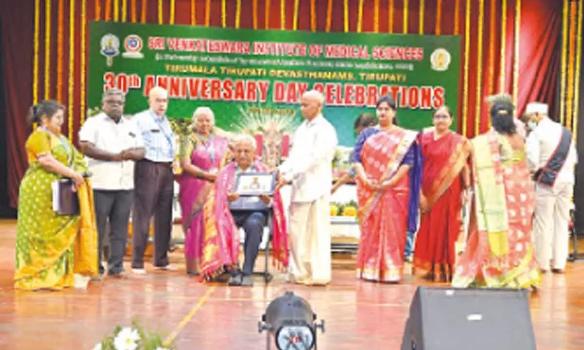 TTD EO AV Dharma Reddy and SVIMS Director Dr B Vengamma felicitating president of Medical Assessment & Rating Board  of National Medical Commission Dr BN Gangadhar in  Tirupati on Sunday