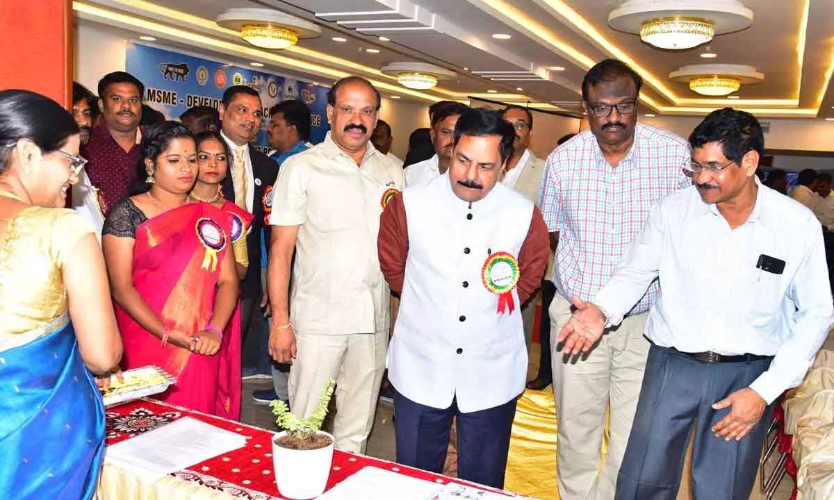 SV University Vice-Chancellor Prof K Raja Reddy, dignitaries KN Ramakrishna, GVR Naidu and others at a stall in the exhibition arranged by MSME Development Institute in Tirupati on Monday
