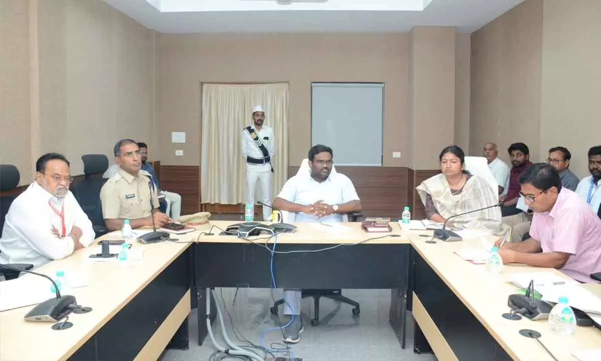 District Collector Rajeev Gandhi Hanuman and officials of various departments during a meeting in Nizamabad on Tuesday