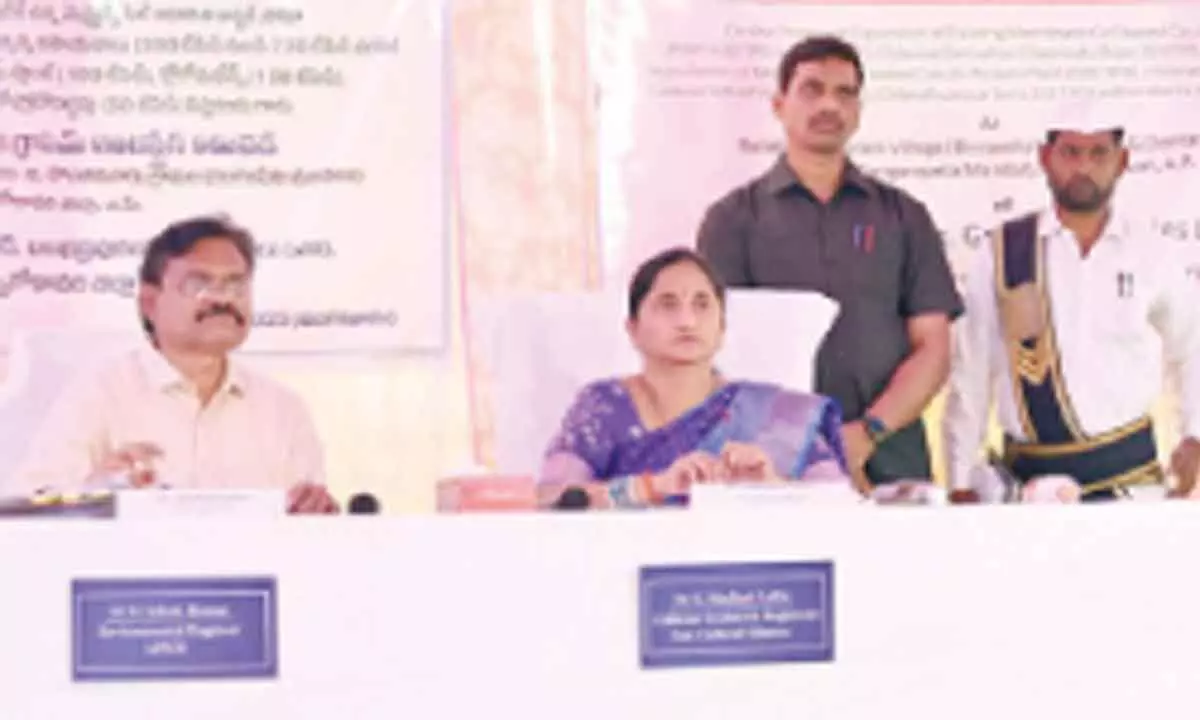 District Collector K Madhavi Latha addressing a public hearing at Balabhadrapuram village on Tuesday