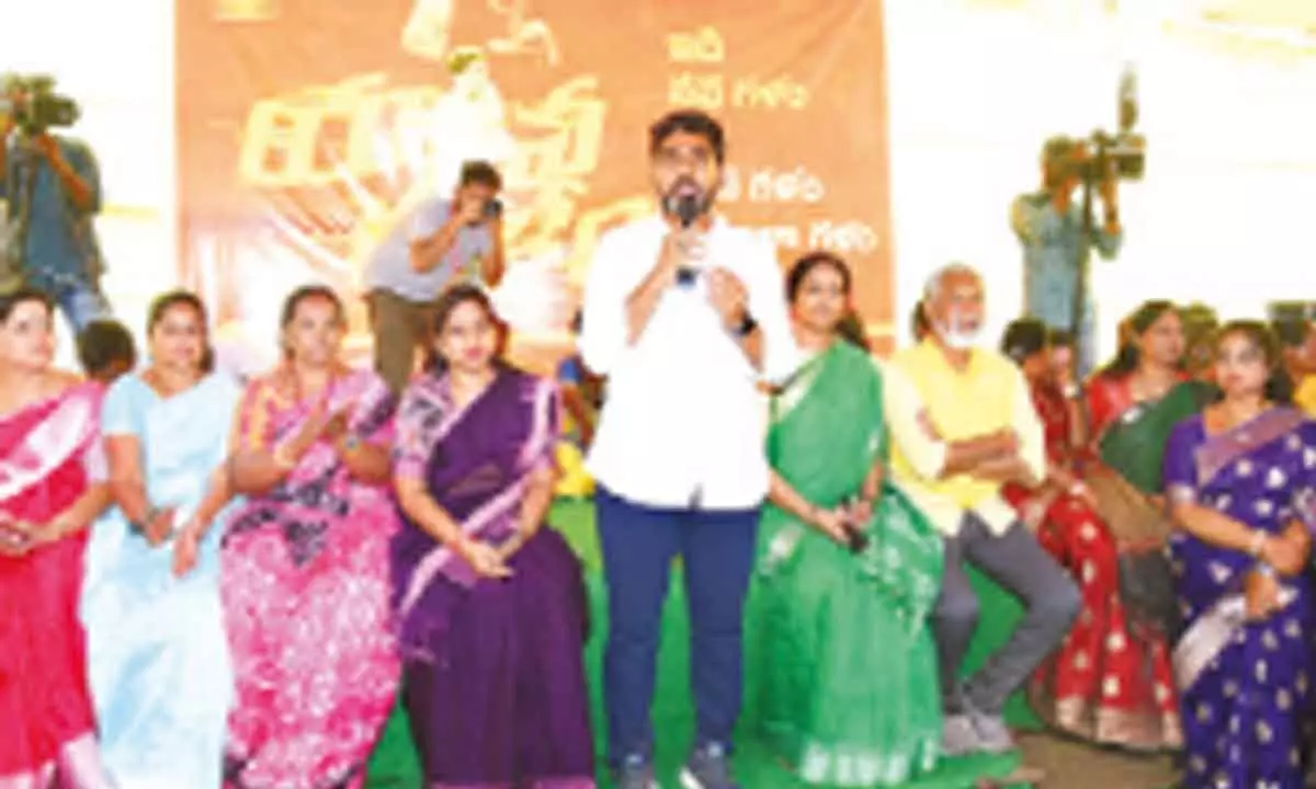 TDP national general secretary Nara Lokesh addressing women at Kasipentla in Chandragiri Assembly constituency on Tuesday. Party leaders V Anitha, Pulivarthi Nani and others are seen.