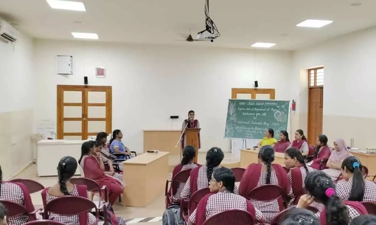 Students participating in a debate at a programme held on the occasion of National Science Day – 2023 at Maris Stella College in Vijayawada on Tuesday