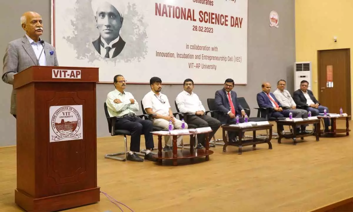 Padmasri Dr BVR Mohan Reddy, founder chairman and board member of Cyeint addressing the students on the National Science Day on Tuesday.