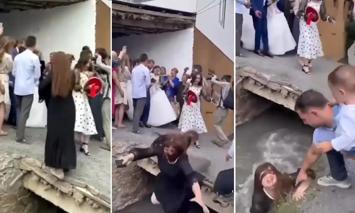 Watch The Trending Video Of A Woman Falling Into Drain During Taking Pictures Of Bride And Groom