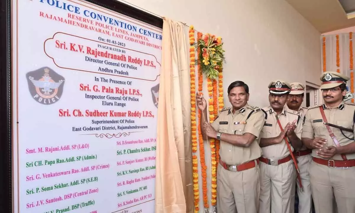 DGP KV Rajendranath Reddy inaugurating police convention center in Rajahmundry on Wednesday