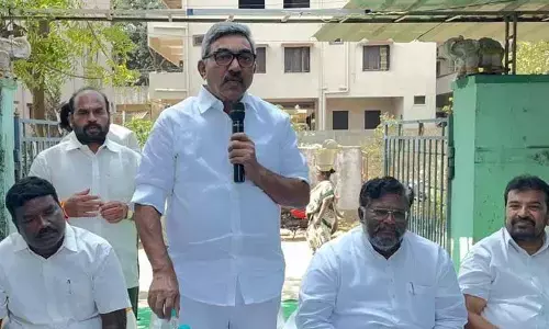 Former minister Alapati Rajendra Prasad addressing a meeting in Nellore on Wednesday