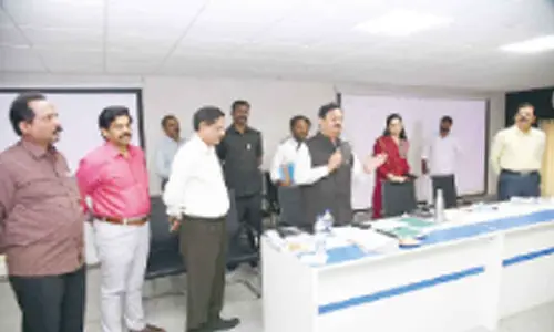 District Collector K Venkataramana Reddy speaking at the training camp of POs and APOs ahead of MLC elections in Tirupati on Wednesday. DRO M Srinivasa Rao, Municipal Commissioner Anupama Anjali and others are seen.