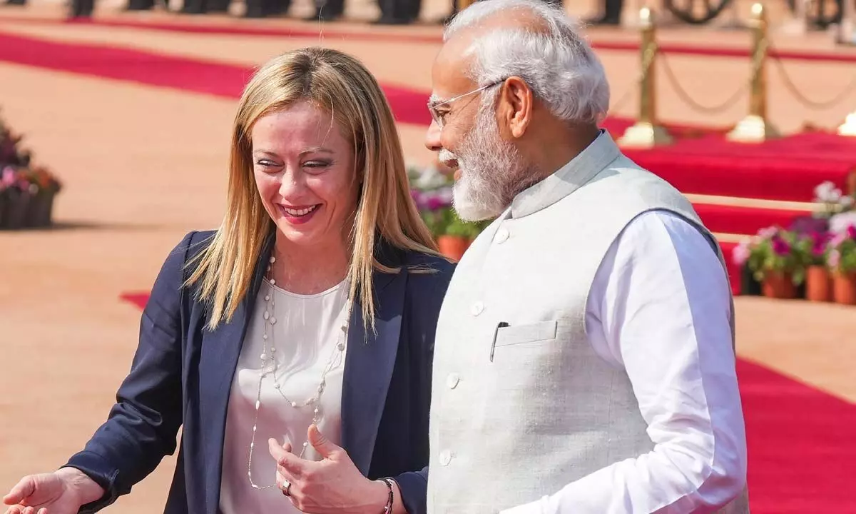 Prime Minister Narendra Modi with Prime Minister of Italy Giorgia Meloni during her ceremonial reception at the Rashtrapati Bhavan, in New Delhi on Thursday