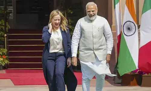 PM Modi greeted Meloni before commencing the bilateral talks at the Hyderabad House.