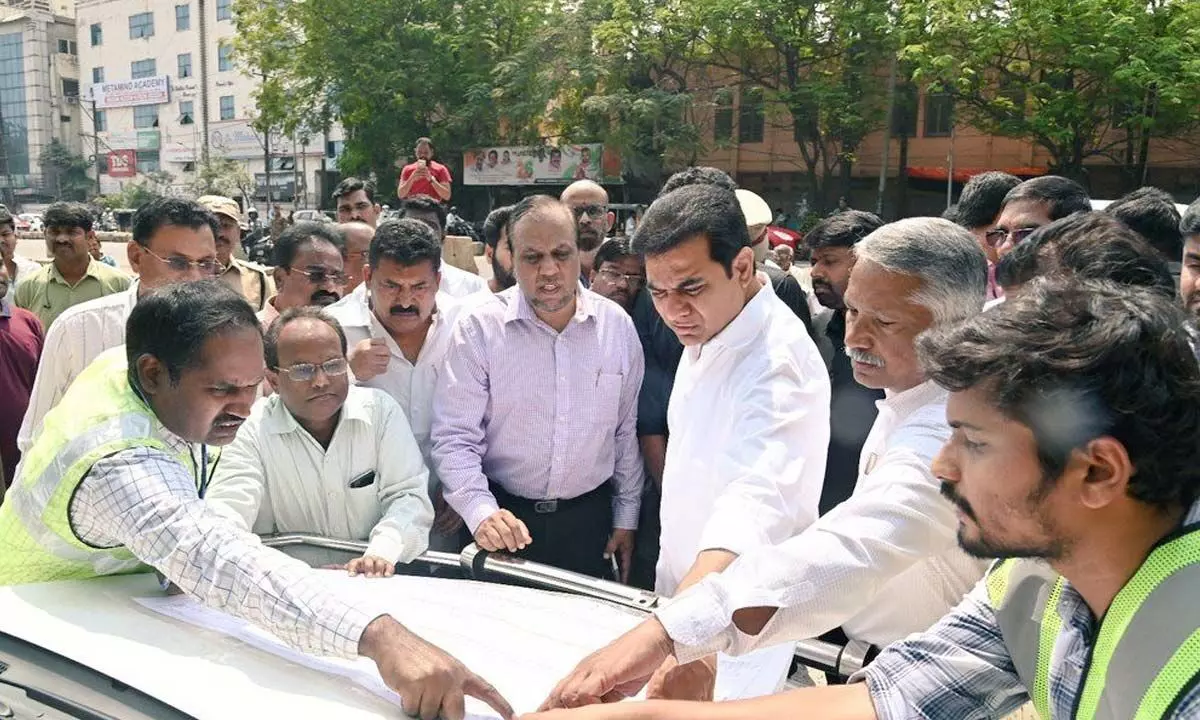 MA&UD Minister KT Rama Rao inspecting the works of the under construction steel bridge between Indira Park and VST on Saturday