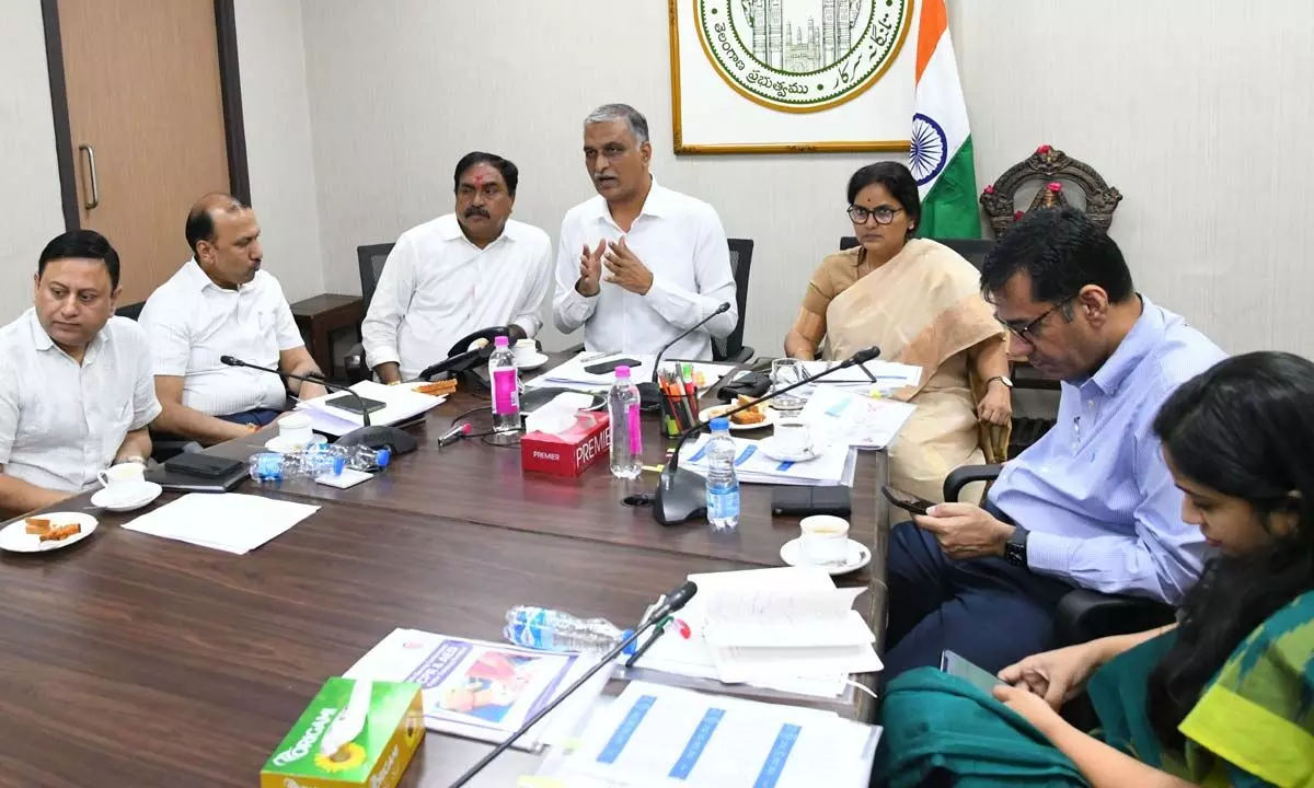 Health Minister Harish Rao along with Panchayat Raj Minister Errabelli Dayakar Rao holding  a video conference with district Collectors from BRKR Bhavan in Hyderabad on Saturday