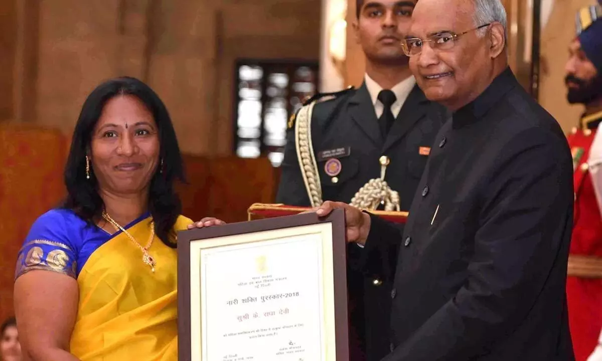 File photo of Radha Devi receiving Nari Shakti Puraskar from the  President in 2019.