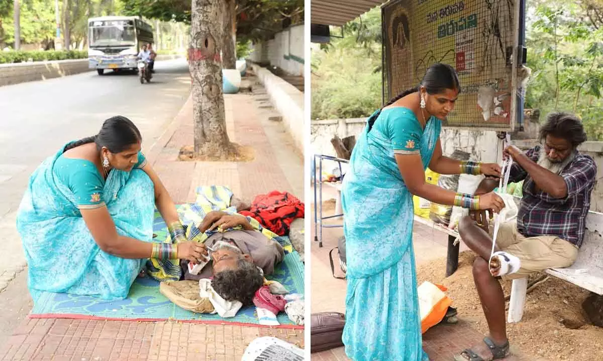 Sujatha feeding ORS to a helpless man near Ruia hospital on Tuesday