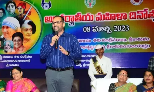 District collector, Srikesh B Lathakar speaking at women’s day event at Srikakulam.