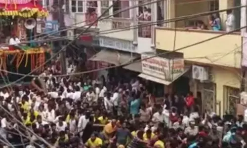 Sri Panakala Lakshminarasimha Swamy Rathotsavam being conducted in Mangalagiri town on Tuesday as part of temple annual Brahmotsavams