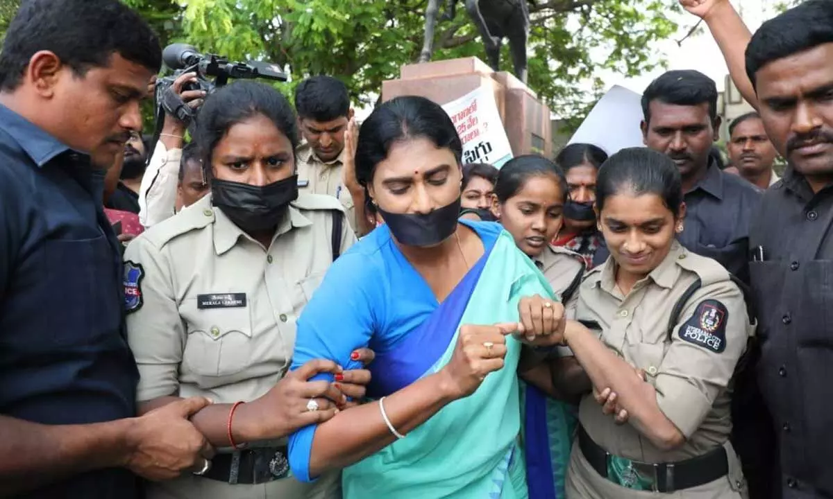 YS Sharmila stages protest at Tank Bund against alleged crimes against women, detained