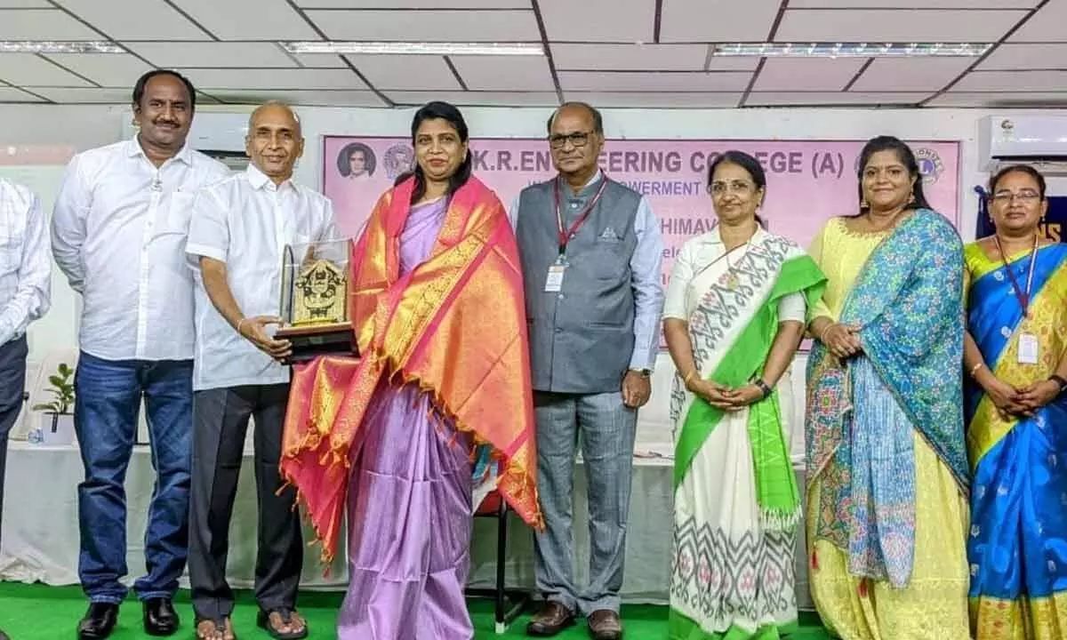 SRKR College Management felicitating West Godavari district Collector P Prashanthi in Bhimavaram on Wednesday