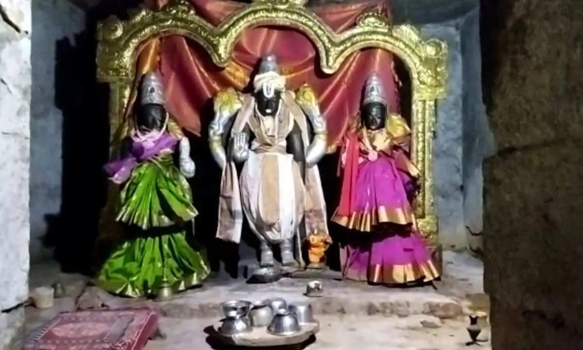 Sunrays touching the feet Lord Bhavanarayana Swamy in Peda Ganjam on Wednesday