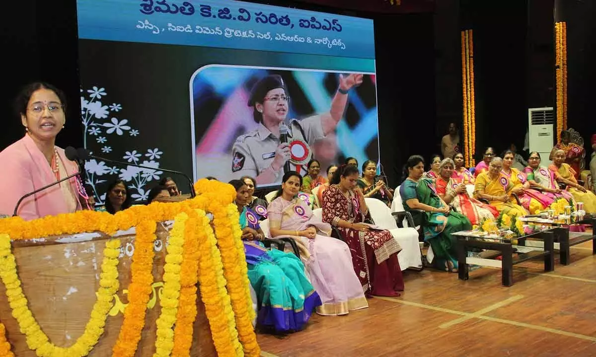 Senior police officer K G V Saritha speaking at the Women’s Day celebration conducted by TTD in Tirupati on Wednesday