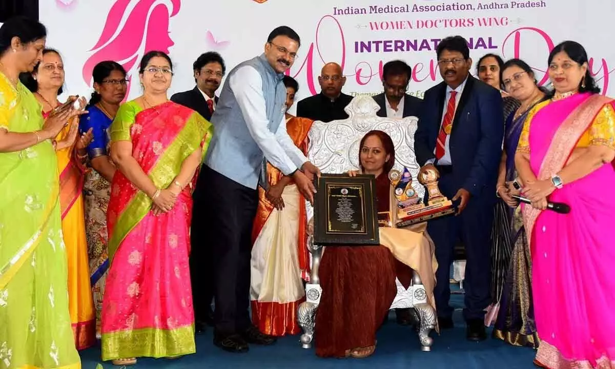 Women from various fields being felicitated by IMA-WDW on the occasion of Women’s Day in Visakhapatnam on Wednesday