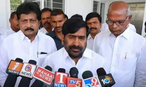 Energy Minister Jagadish Reddy along with Rajya Sabha MP Bagula Lingaiah Yadav addressing the media in Suryapet on Wednesday