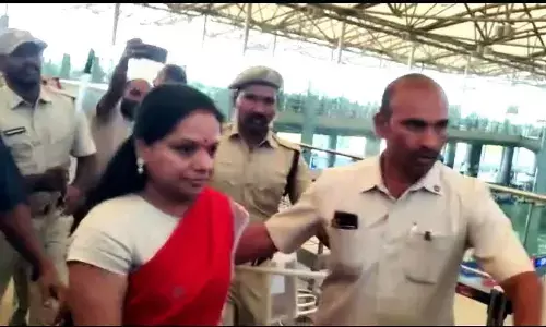 BRS MLC K Kavitha at Shamshabad Airport on Wednesday