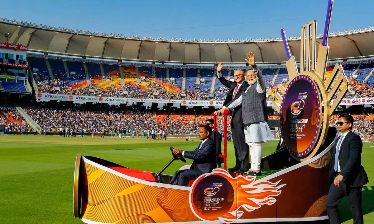 Prime Minister Narendra Modi and Australian Prime Minister Anthony Albanese before the start of the fourth test cricket match between India and Australia, at Narendra Modi stadium in Ahmedabad on Thursday