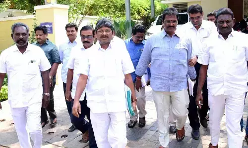 Members of APJAC Amaravati coming out of the Chief Secretary’s camp office in Vijayawada on Wednesday Photo: Ch V Mastan