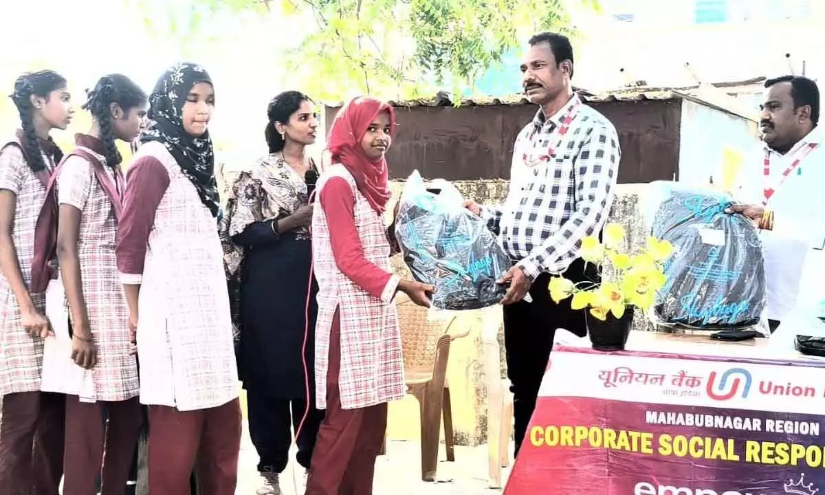 Union Bank distributes bags to poor students in Nalgonda